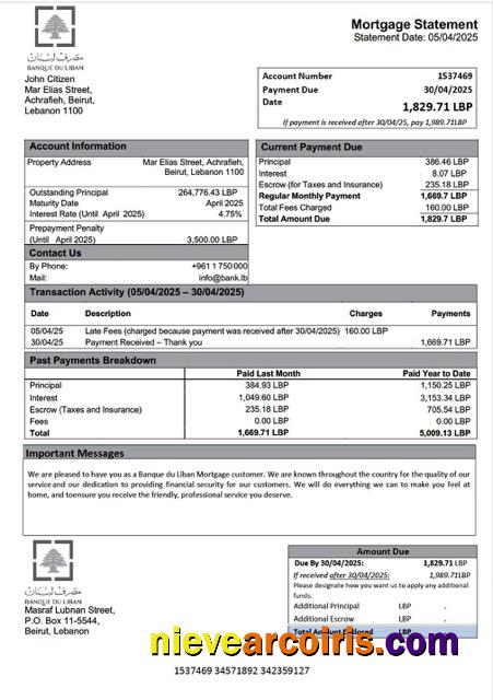 Lebanon Banque du Liban mortgage statement Word and PDF template